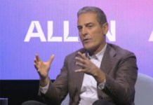 BCE CEO Mirko Bibic appearing at the opening session of the ALL IN conference in Montreal.