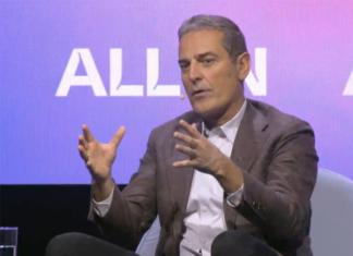 BCE CEO Mirko Bibic appearing at the opening session of the ALL IN conference in Montreal.