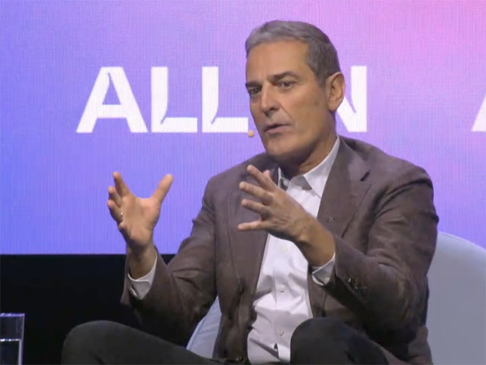 BCE CEO Mirko Bibic appearing at the opening session of the ALL IN conference in Montreal.